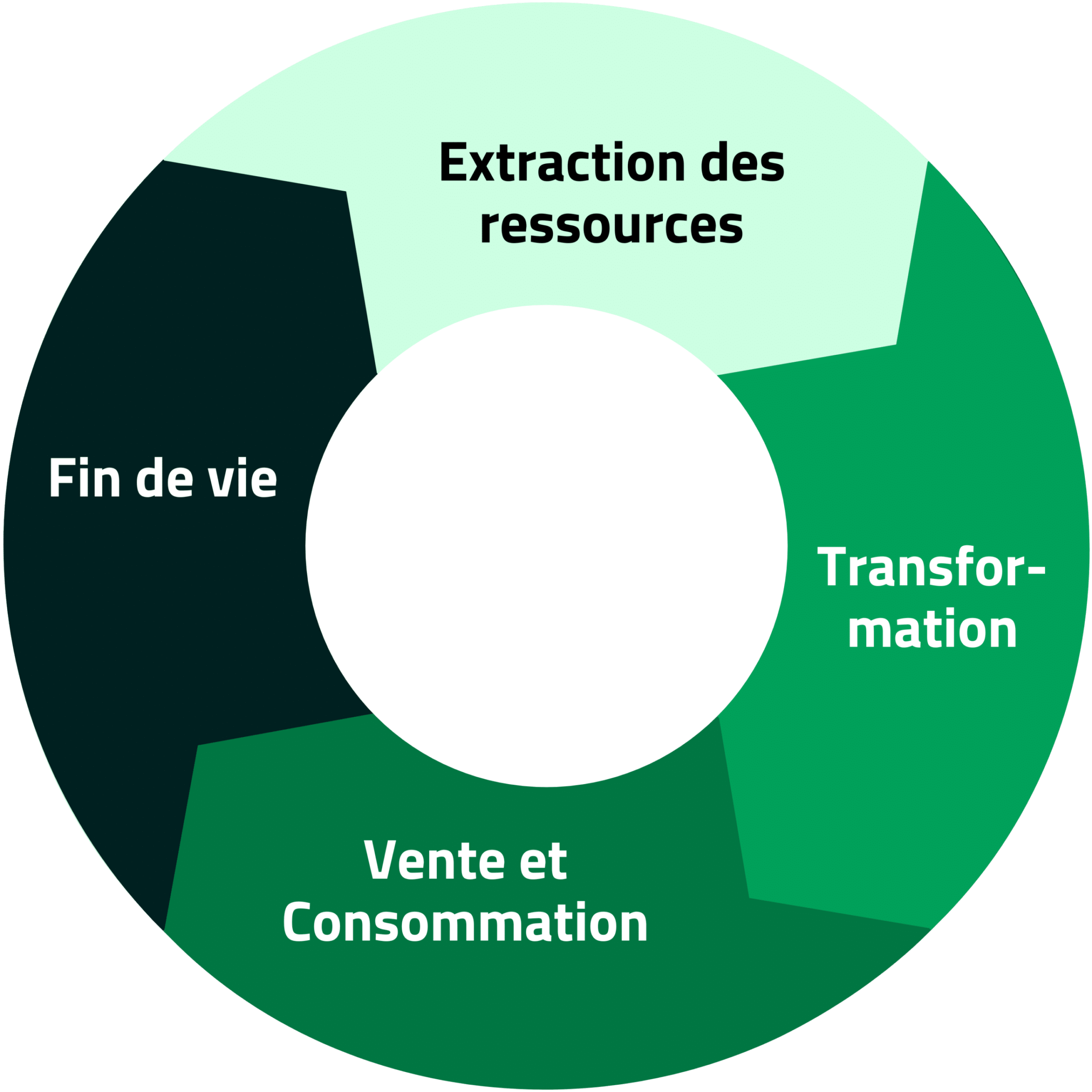 Ingénierie Durable : Schéma du cycle de vie d’un produit montrant les phases d’extraction des ressources, transformation, vente et consommation, et fin de vie.